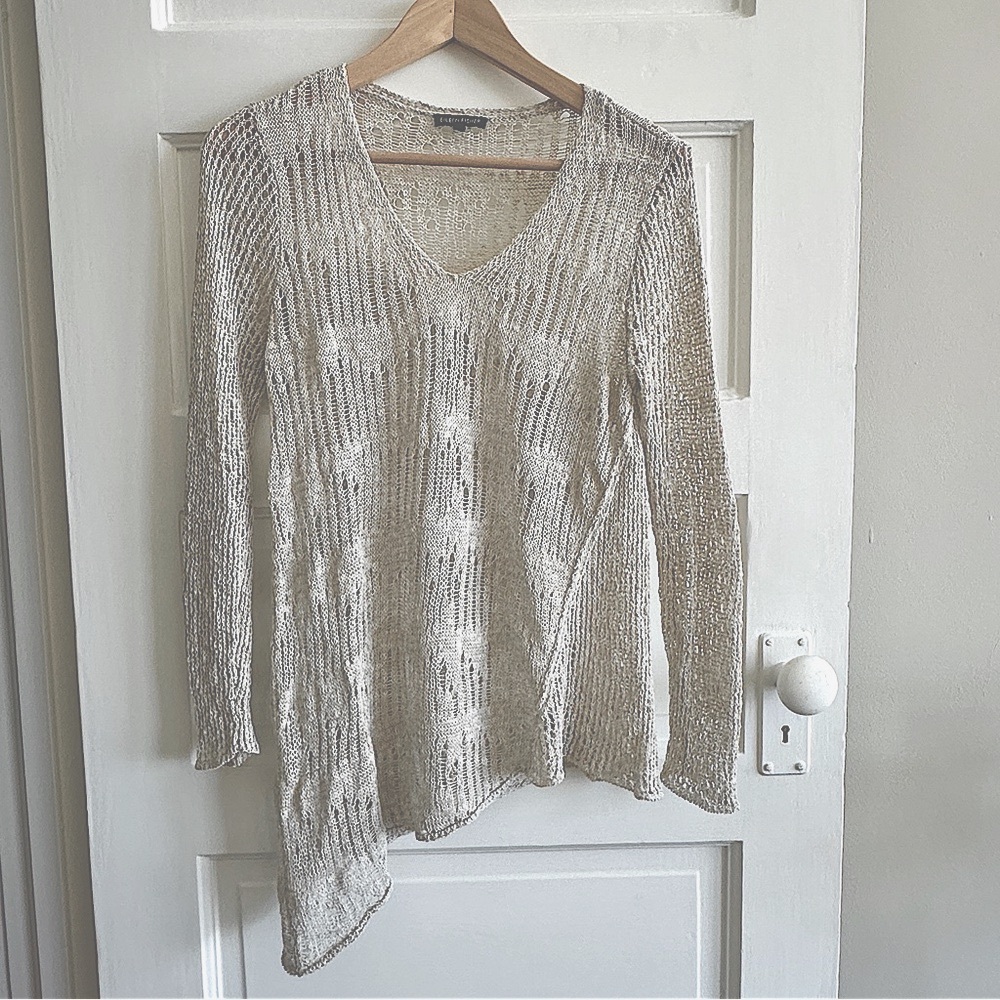 Eileen Fisher Crocheted Cream Sweater Asymmetrical Hem Womens Small